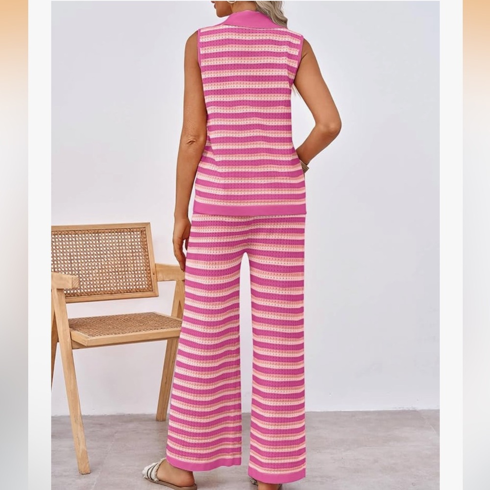 Pink Striped Crochet Knit Lounge Set — Size Small Viscose Blend 2-Piece 💖 NWOT - Picture 3 of 3